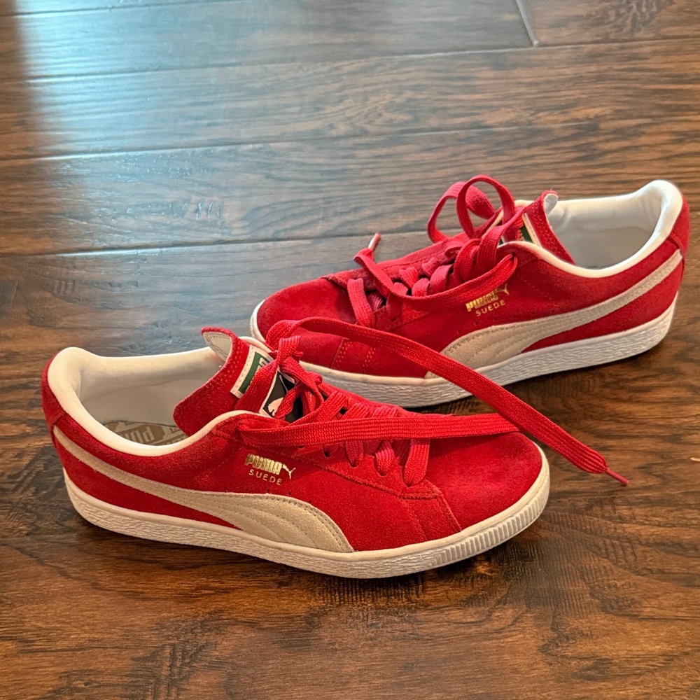 Puma  Red and White Suede Sneakers